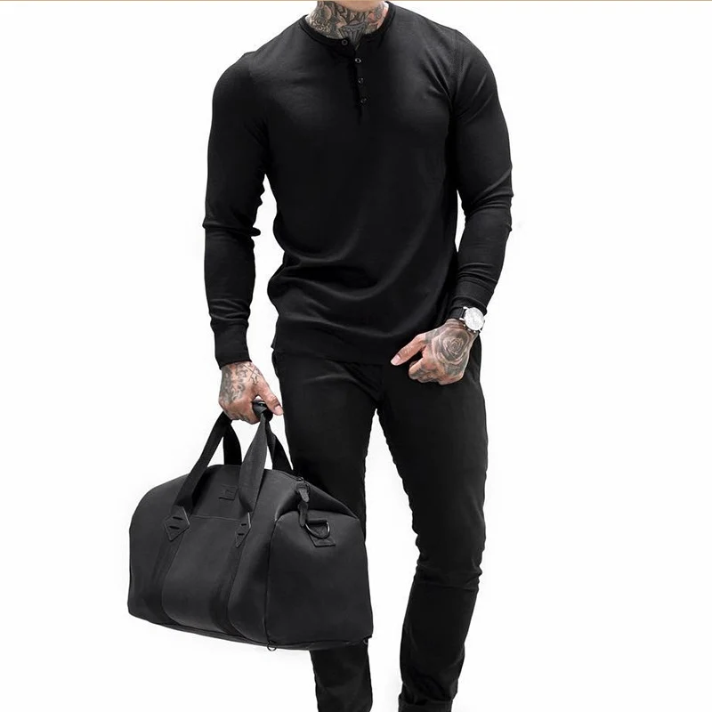 Muscle Fitness Men's Spring and Autumn Sports Leisure Running Breathable Sweat Absorbing Stretch Long Sleeve Button V Henry T-Shirt