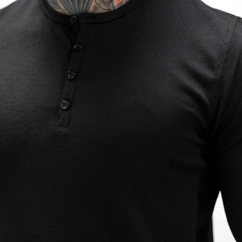 Muscle Fitness Men's Spring and Autumn Sports Leisure Running Breathable Sweat Absorbing Stretch Long Sleeve Button V Henry T-Shirt