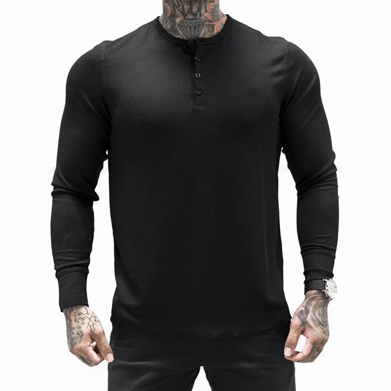 Muscle Fitness Men's Spring and Autumn Sports Leisure Running Breathable Sweat Absorbing Stretch Long Sleeve Button V Henry T-Shirt