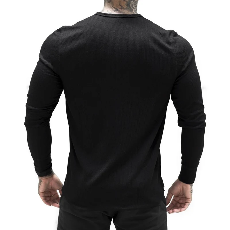 Muscle Fitness Men's Spring and Autumn Sports Leisure Running Breathable Sweat Absorbing Stretch Long Sleeve Button V Henry T-Shirt