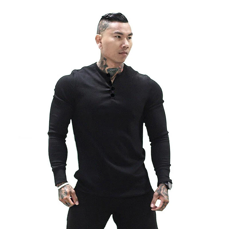 Muscle Fitness Men's Spring and Autumn Sports Leisure Running Breathable Sweat Absorbing Stretch Long Sleeve Button V Henry T-Shirt