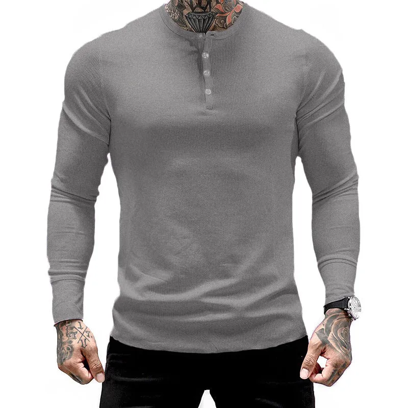 Muscle Fitness Men's Spring and Autumn Sports Leisure Running Breathable Sweat Absorbing Stretch Long Sleeve Button V Henry T-Shirt