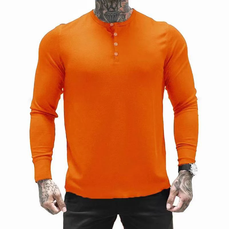 Muscle Fitness Men's Spring and Autumn Sports Leisure Running Breathable Sweat Absorbing Stretch Long Sleeve Button V Henry T-Shirt
