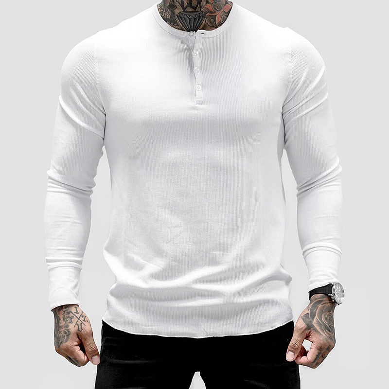 Muscle Fitness Men's Spring and Autumn Sports Leisure Running Breathable Sweat Absorbing Stretch Long Sleeve Button V Henry T-Shirt