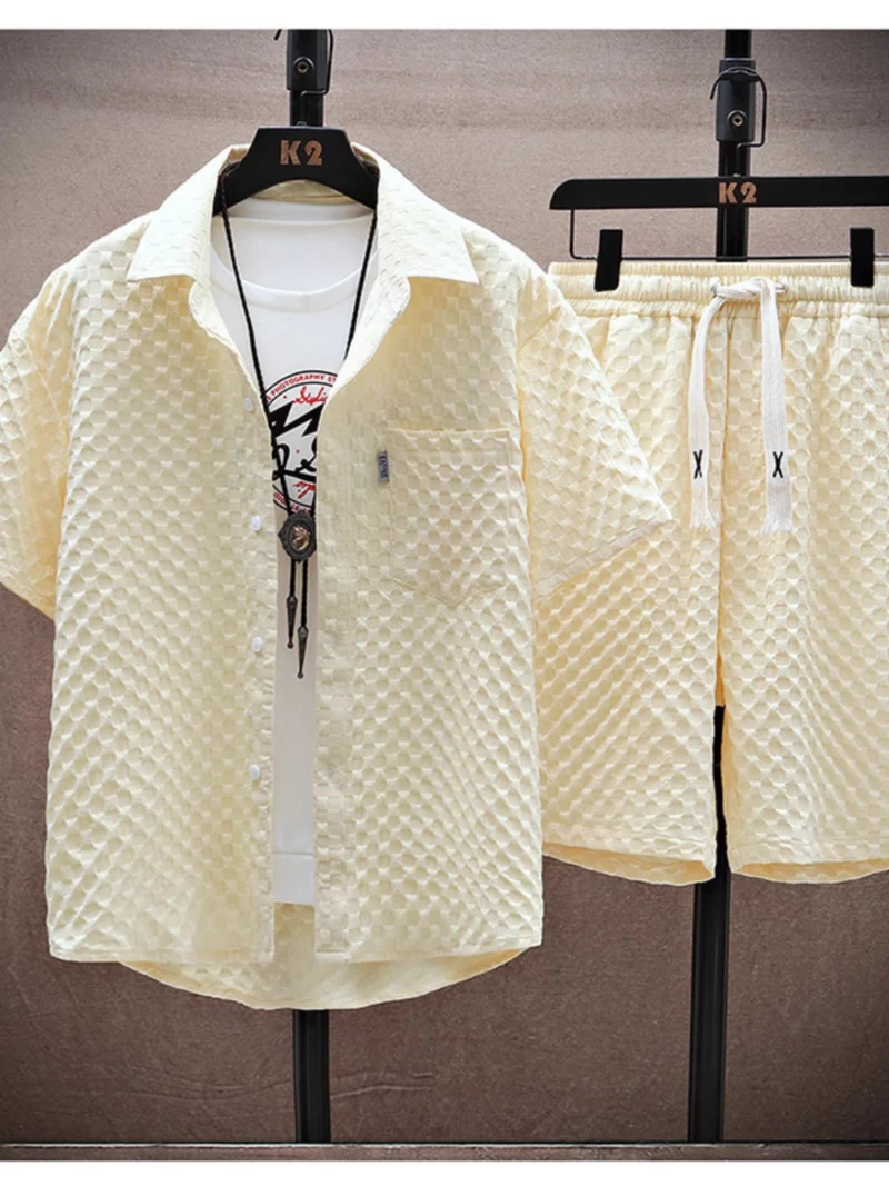 Thin sports leisure two-piece 2024 summer ice silk suit men's ruffian handsome fashion short sleeve shirt shorts set
