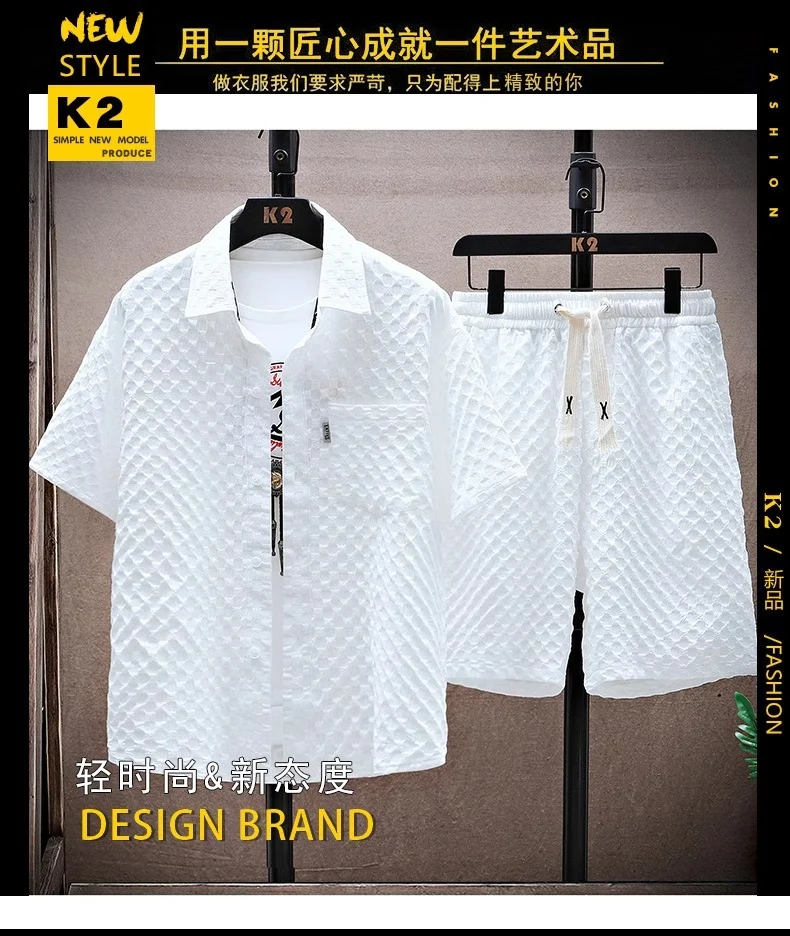 Thin sports leisure two-piece 2024 summer ice silk suit men's ruffian handsome fashion short sleeve shirt shorts set