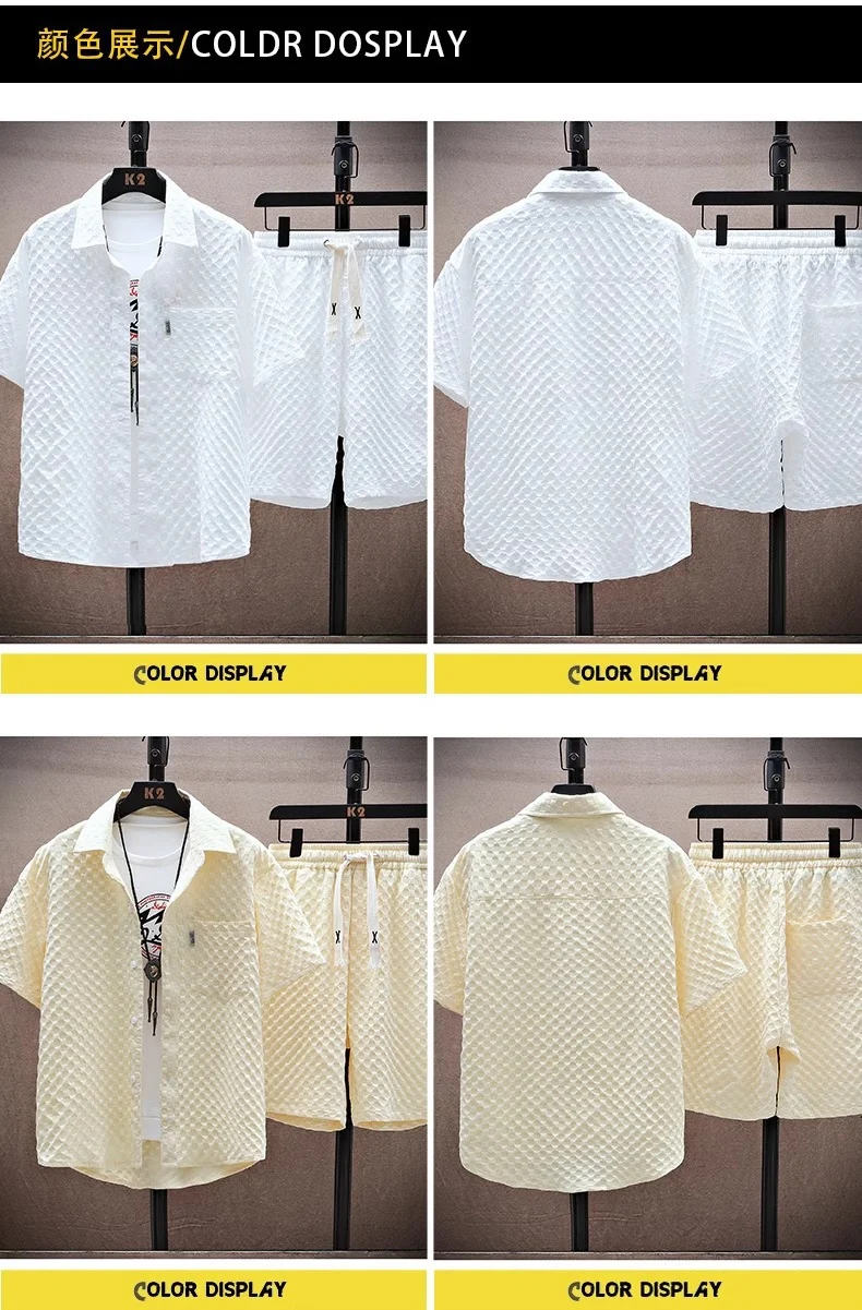 Thin sports leisure two-piece 2024 summer ice silk suit men's ruffian handsome fashion short sleeve shirt shorts set