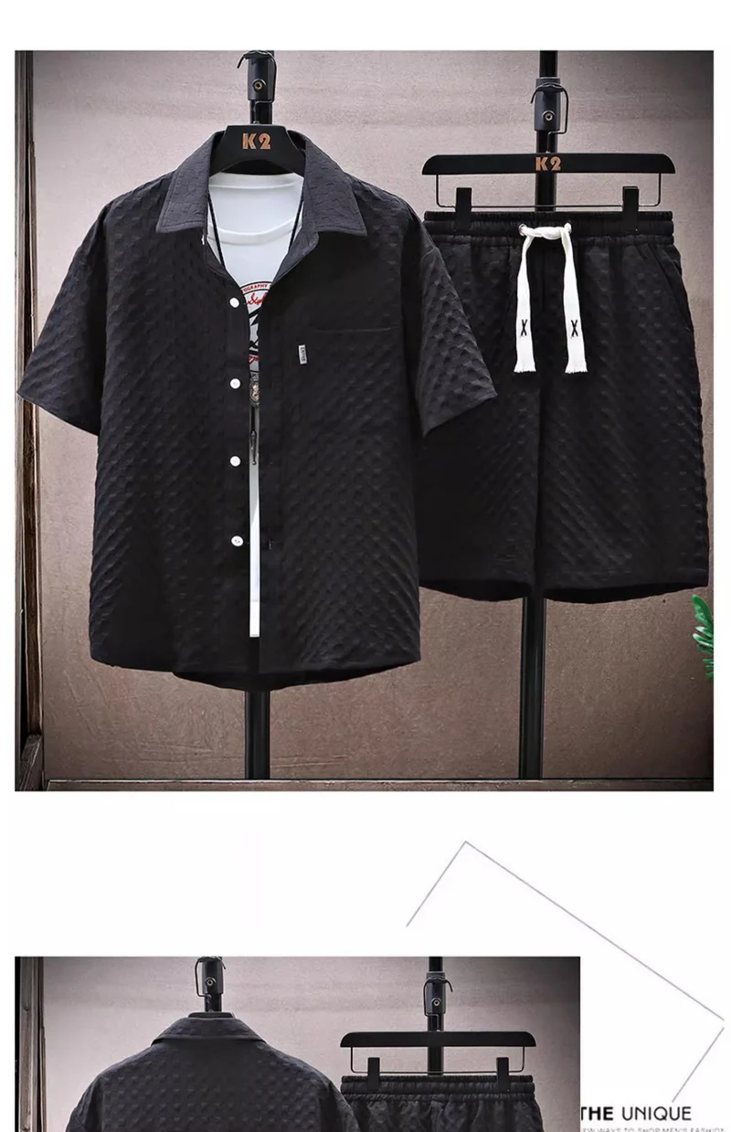 Thin sports leisure two-piece 2024 summer ice silk suit men's ruffian handsome fashion short sleeve shirt shorts set