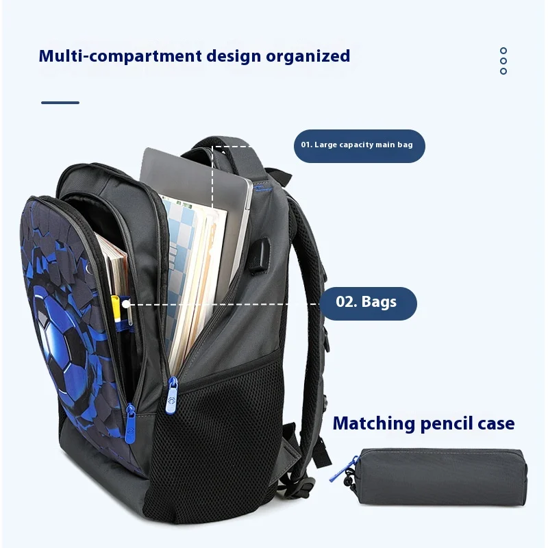 Boys Black Football Backpacks Hard Shell Orthopedic Middle School Student Book Bags USB Charge Multifunctional Bagpack