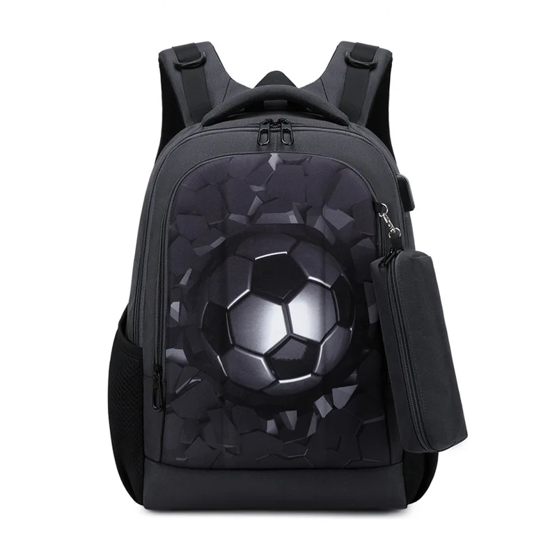 Boys Black Football Backpacks Hard Shell Orthopedic Middle School Student Book Bags USB Charge Multifunctional Bagpack