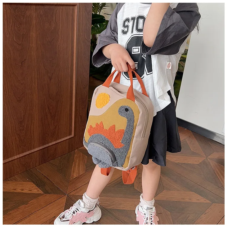 New Embroidery Sun Long Neck Small Dinosaur Backpack Hook Hair Embroidered Cartoon Canvas Kindergarten Children Backpack