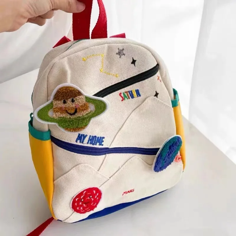 New Embroidery Sun Long Neck Small Dinosaur Backpack Hook Hair Embroidered Cartoon Canvas Kindergarten Children Backpack