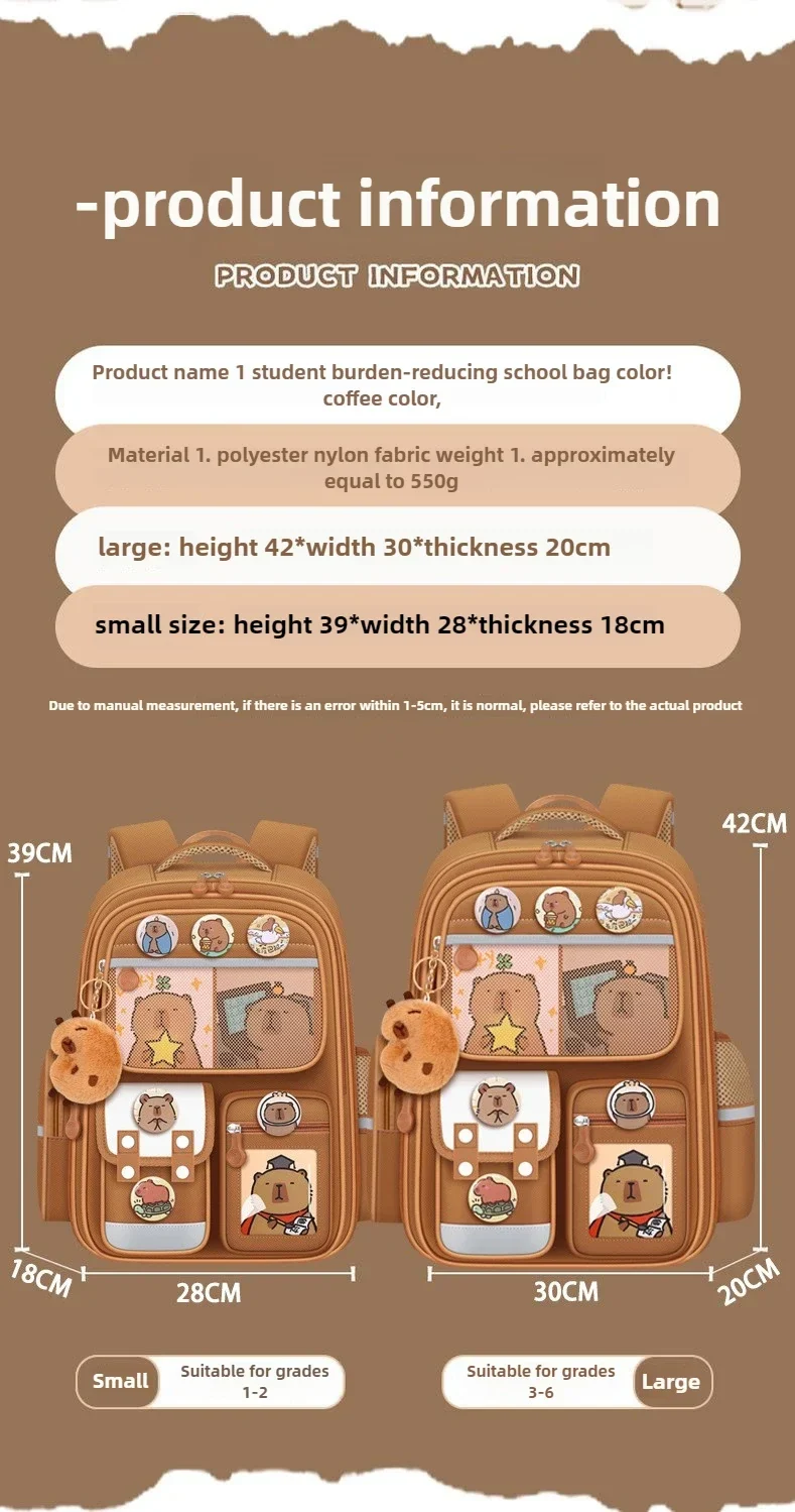 Capybara Children Backpack Waterproof Student Schoolbag Large Capacity Alleviate Burden School Bag Orthopedic Backpack Book Bag