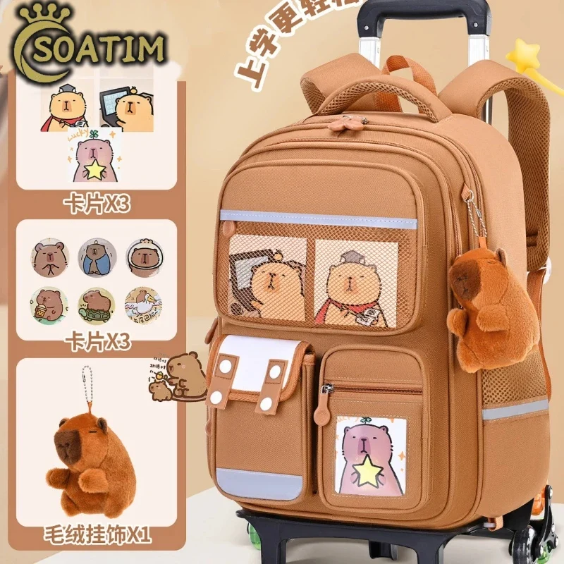 Capybara Children Cartoon School Backpack with Wheels Students Bags for Girls Boys Trolley Schoolbag Rolling Wheeled Backpacks