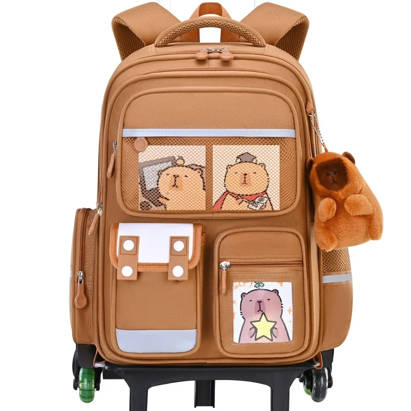 Capybara Children Cartoon School Backpack with Wheels Students Bags for Girls Boys Trolley Schoolbag Rolling Wheeled Backpacks
