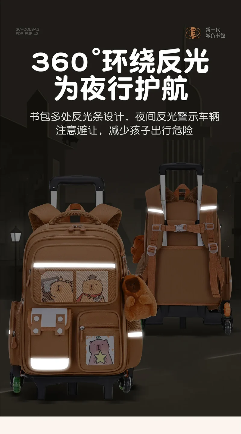 Capybara Children Cartoon School Backpack with Wheels Students Bags for Girls Boys Trolley Schoolbag Rolling Wheeled Backpacks