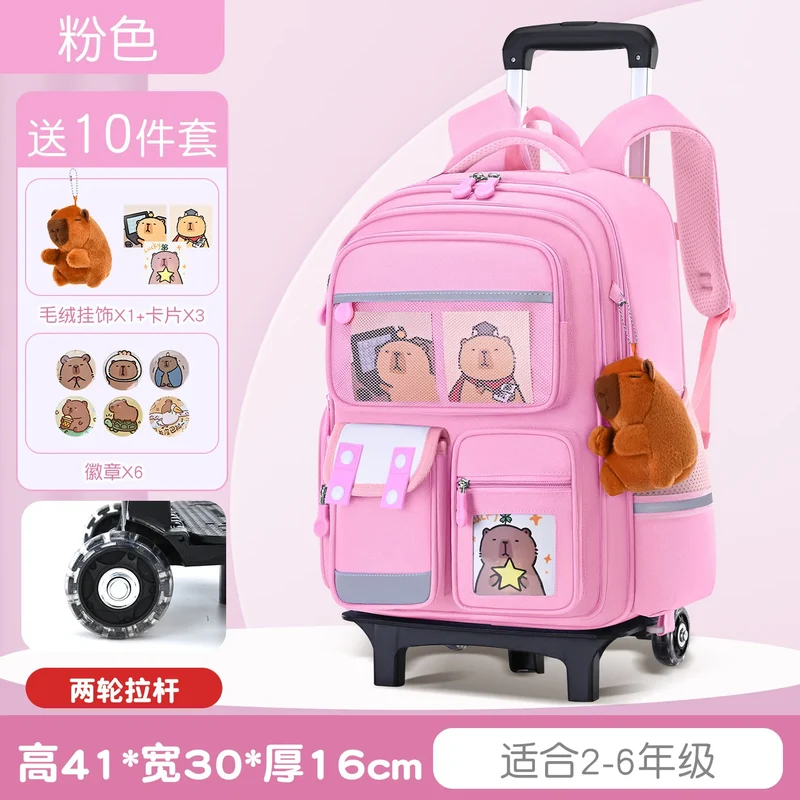 Capybara Children Cartoon School Backpack with Wheels Students Bags for Girls Boys Trolley Schoolbag Rolling Wheeled Backpacks