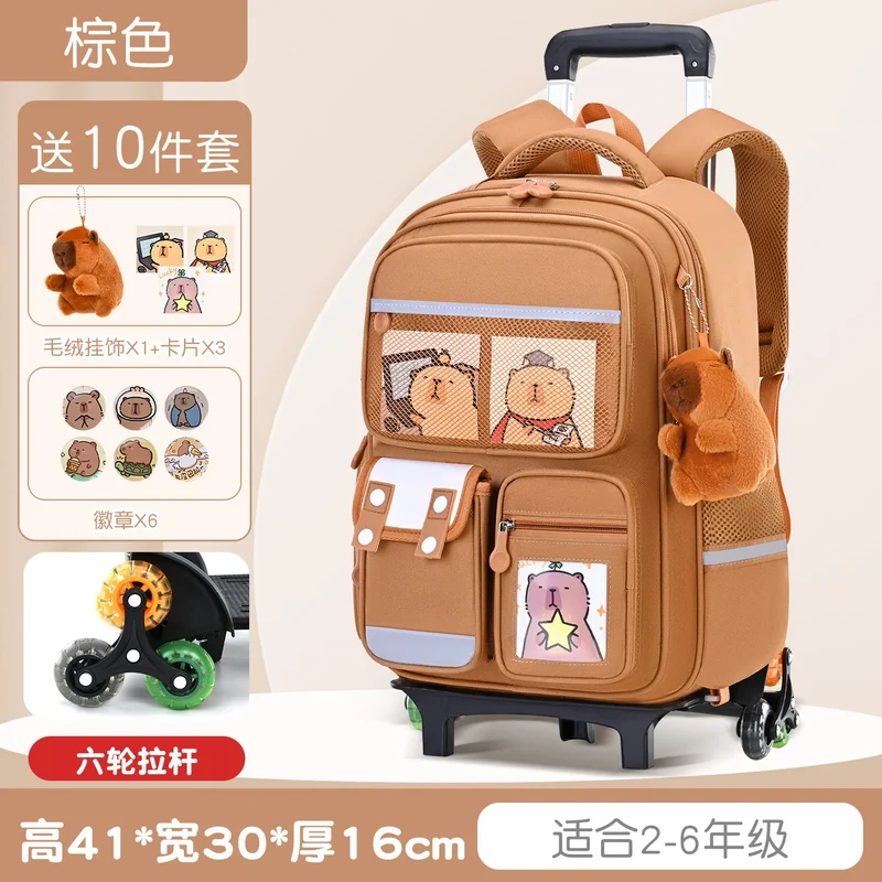 Capybara Children Cartoon School Backpack with Wheels Students Bags for Girls Boys Trolley Schoolbag Rolling Wheeled Backpacks