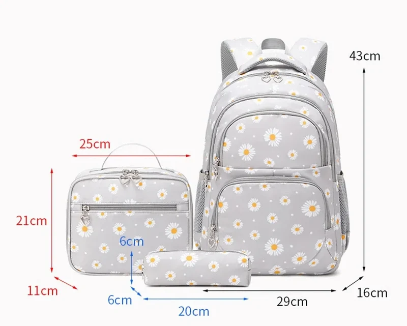 Daisy Pattern School Bag Backpack Pencil Case Handbag Three Piece Set Nylon Fabric Waterproof Boys Girl Teenagers Trend Backpack