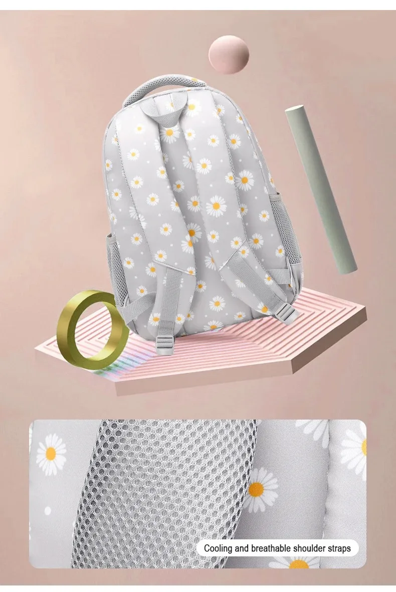 Daisy Pattern School Bag Backpack Pencil Case Handbag Three Piece Set Nylon Fabric Waterproof Boys Girl Teenagers Trend Backpack