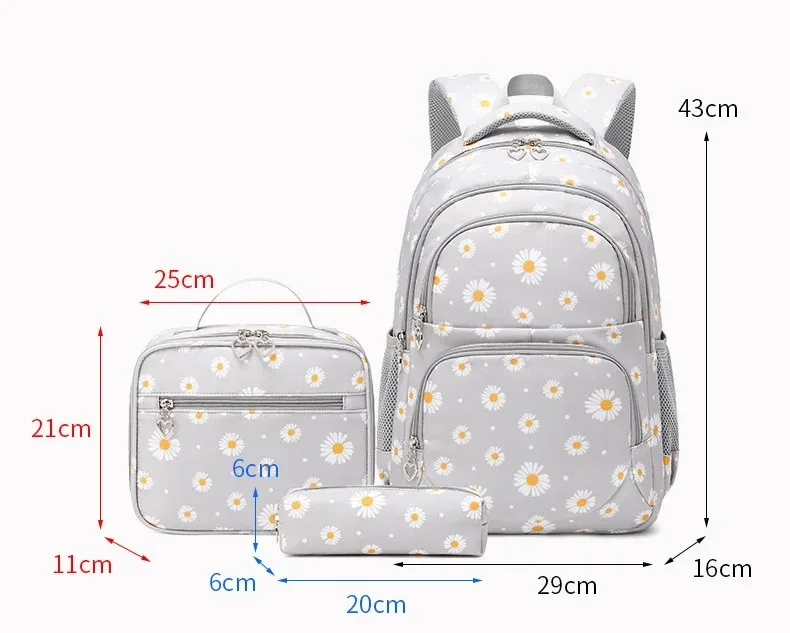 Daisy Pattern School Bag Backpack Pencil Case Handbag Three Piece Set Nylon Fabric Waterproof Boys Girl Teenagers Trend Backpack