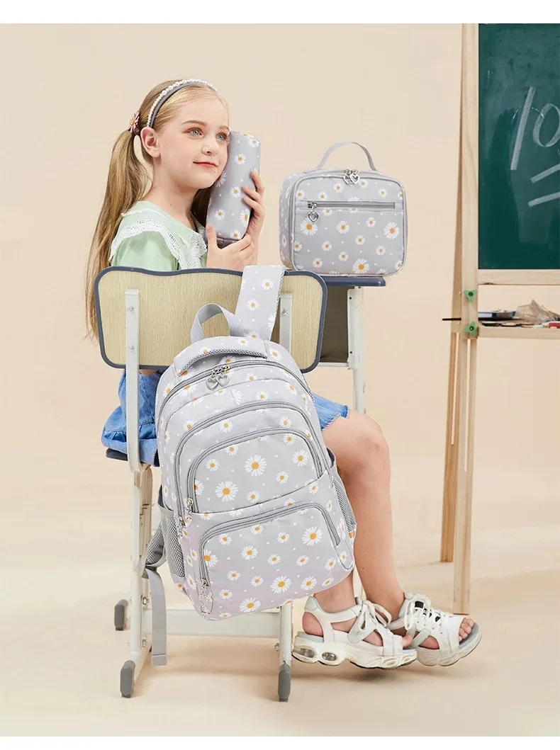 Daisy Pattern School Bag Backpack Pencil Case Handbag Three Piece Set Nylon Fabric Waterproof Boys Girl Teenagers Trend Backpack