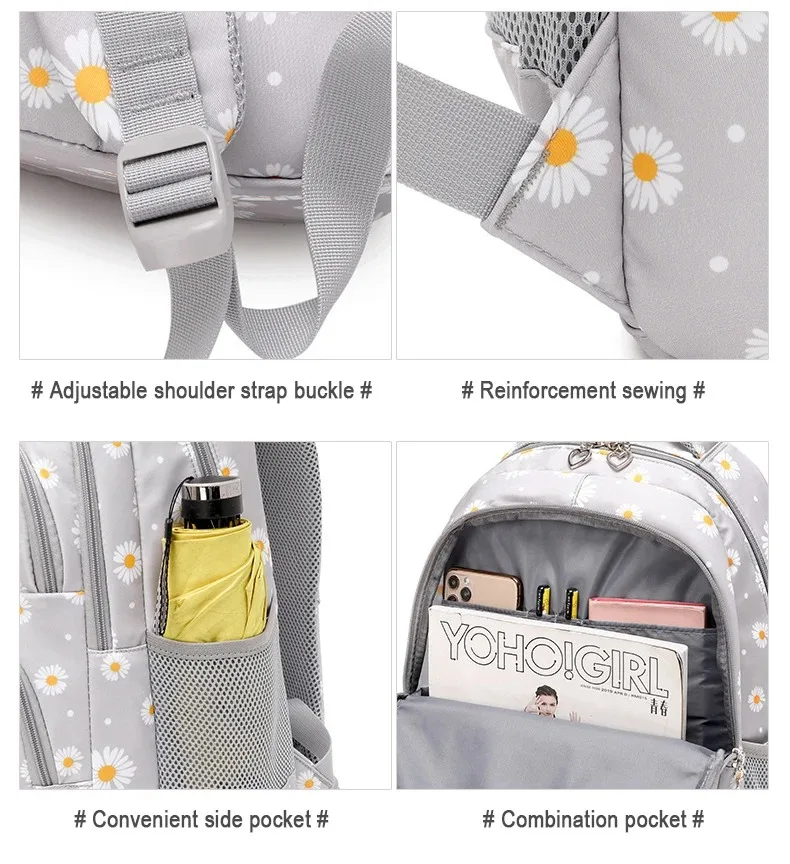 Daisy Pattern School Bag Backpack Pencil Case Handbag Three Piece Set Nylon Fabric Waterproof Boys Girl Teenagers Trend Backpack