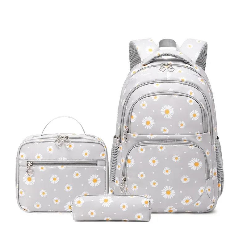Daisy Pattern School Bag Backpack Pencil Case Handbag Three Piece Set Nylon Fabric Waterproof Boys Girl Teenagers Trend Backpack