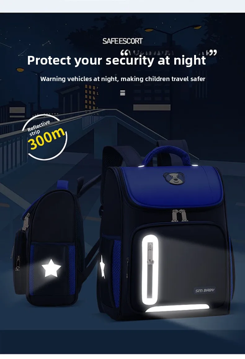 Lightweight Kids Backpack 1 3 6 Grade Spine Protection Reflective Space School Bag for Elementary Students