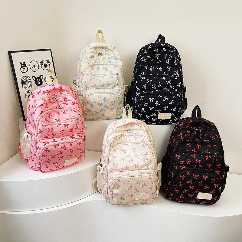 3 Pcs/Set Cute girl Large Capacity Backpack Bow Print Nylon Schoolbag Adjustable Strap Women daily Campus Backpack