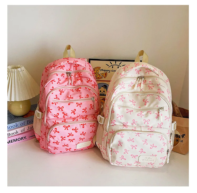 3 Pcs/Set Cute girl Large Capacity Backpack Bow Print Nylon Schoolbag Adjustable Strap Women daily Campus Backpack