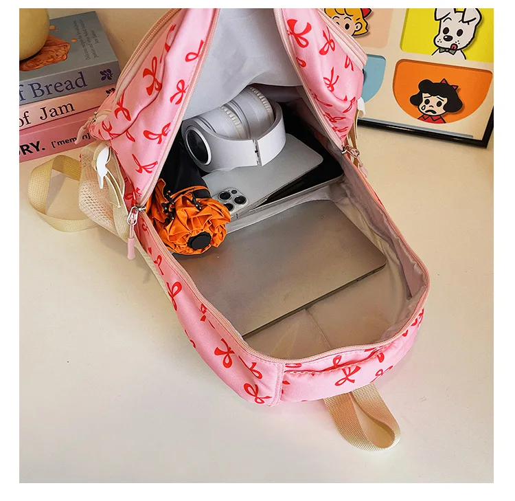 3 Pcs/Set Cute girl Large Capacity Backpack Bow Print Nylon Schoolbag Adjustable Strap Women daily Campus Backpack
