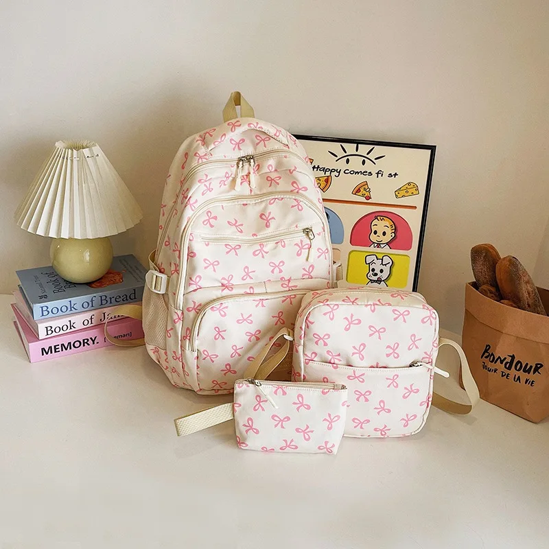 3 Pcs/Set Cute girl Large Capacity Backpack Bow Print Nylon Schoolbag Adjustable Strap Women daily Campus Backpack