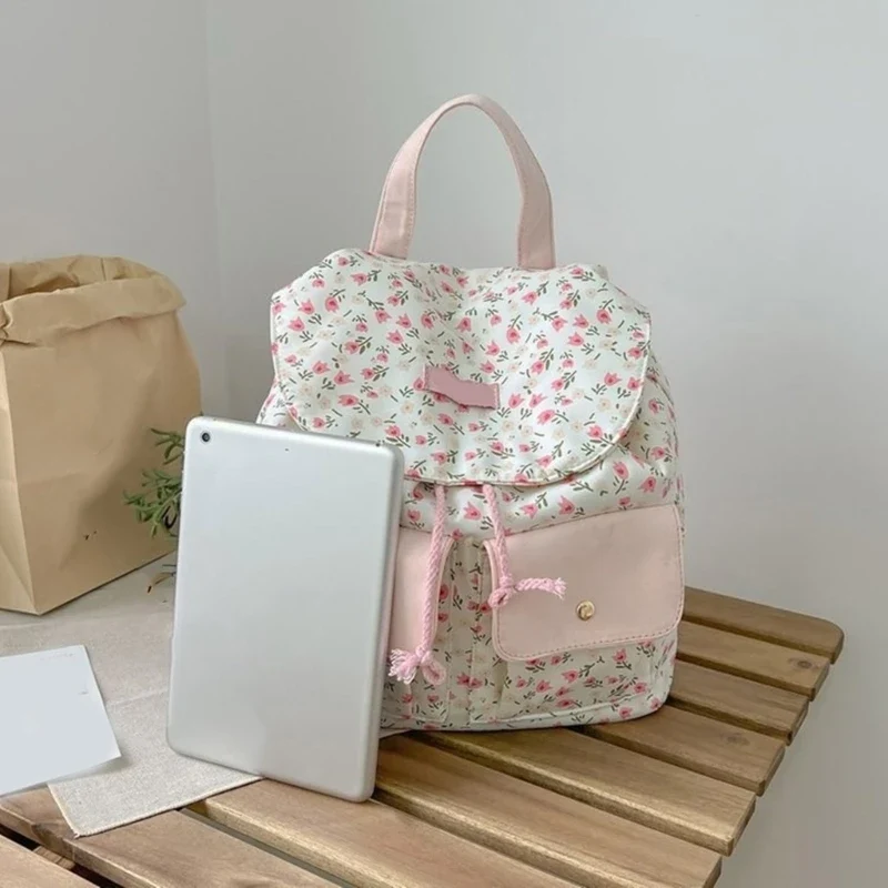 Women Girls Sweet Floral Double Pockets Shoulder Bag Japanese Aesthetic Small Backpack Casual Student Shool Book Bag F3MD