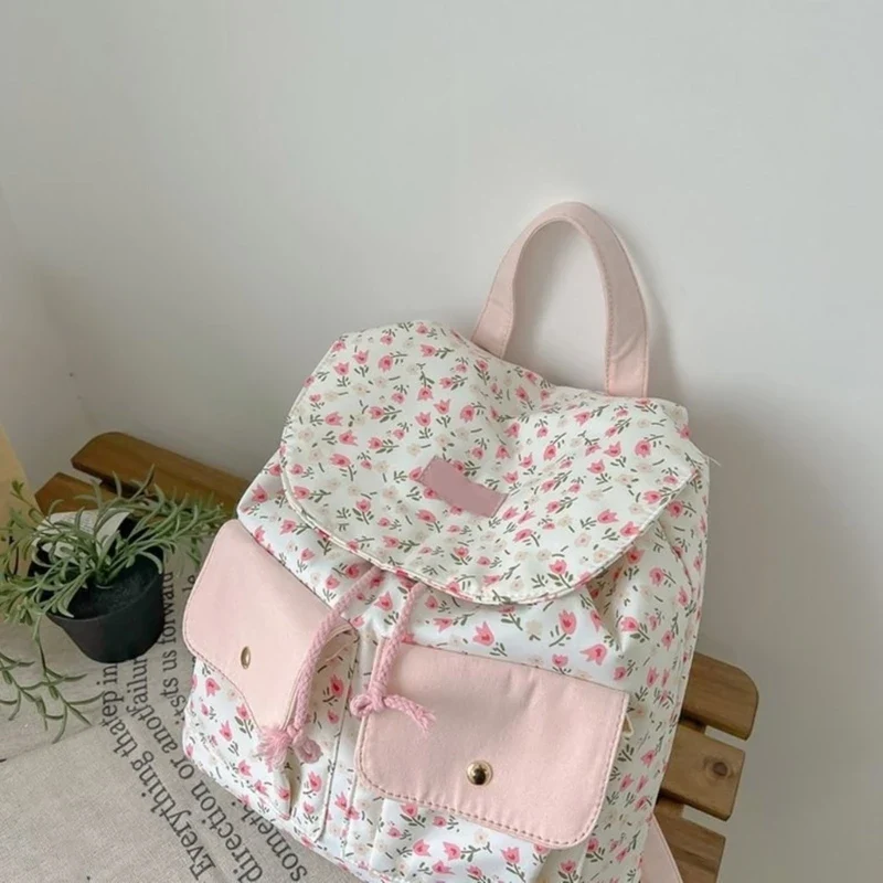Women Girls Sweet Floral Double Pockets Shoulder Bag Japanese Aesthetic Small Backpack Casual Student Shool Book Bag F3MD