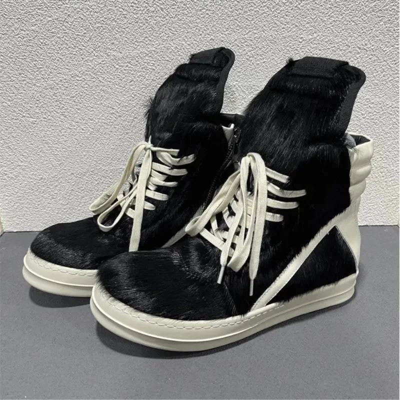 Ro Casual Shoes Men High Top Shoe Black Horse Hair Women Sneaker Black Horsehair Ankle Boot White Leather Boots Flat Sneakers