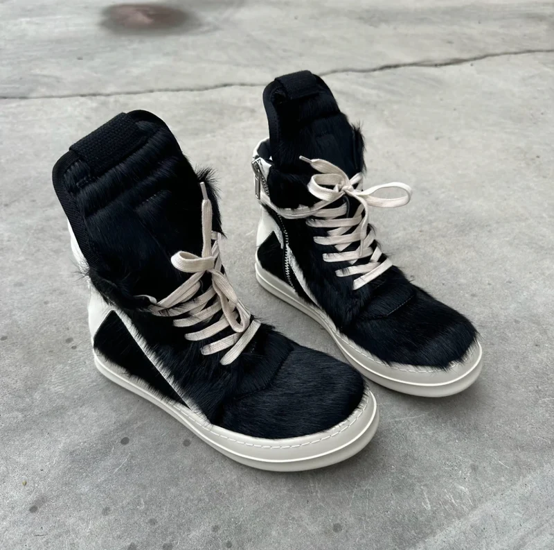Ro Casual Shoes Men High Top Shoe Black Horse Hair Women Sneaker Black Horsehair Ankle Boot White Leather Boots Flat Sneakers