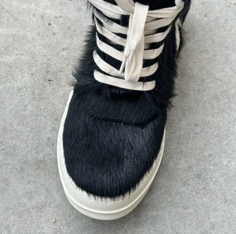 Ro Casual Shoes Men High Top Shoe Black Horse Hair Women Sneaker Black Horsehair Ankle Boot White Leather Boots Flat Sneakers
