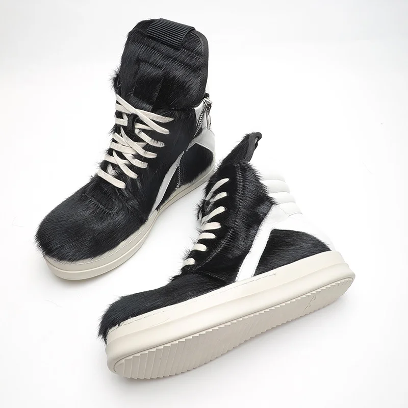 Ro Casual Shoes Men High Top Shoe Black Horse Hair Women Sneaker Black Horsehair Ankle Boot White Leather Boots Flat Sneakers