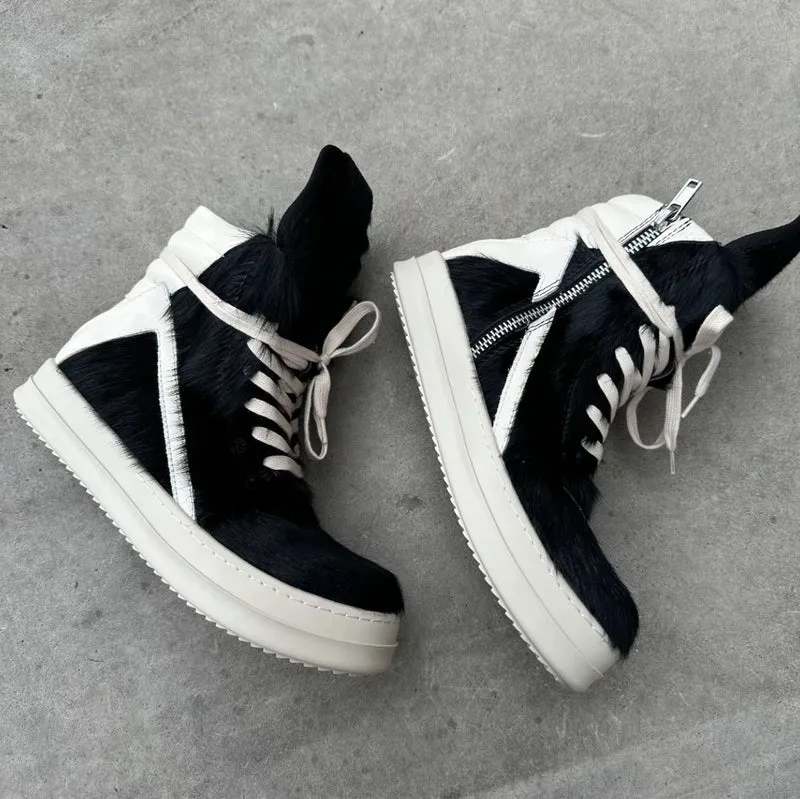 Ro Casual Shoes Men High Top Shoe Black Horse Hair Women Sneaker Black Horsehair Ankle Boot White Leather Boots Flat Sneakers