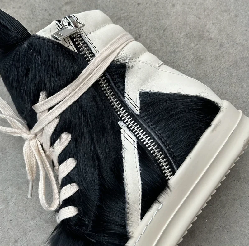 Ro Casual Shoes Men High Top Shoe Black Horse Hair Women Sneaker Black Horsehair Ankle Boot White Leather Boots Flat Sneakers