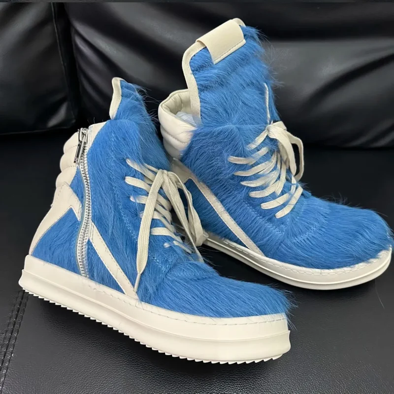 Ro Casual Shoes Men High Top Shoe Black Horse Hair Women Sneaker Black Horsehair Ankle Boot White Leather Boots Flat Sneakers