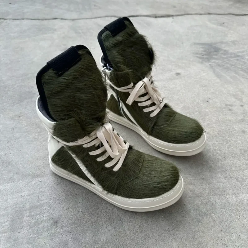 Ro Casual Shoes Men High Top Shoe Black Horse Hair Women Sneaker Black Horsehair Ankle Boot White Leather Boots Flat Sneakers