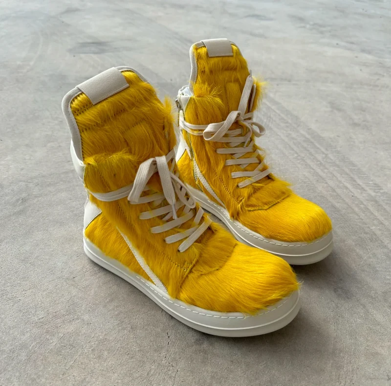 Ro Casual Shoes Men High Top Shoe Black Horse Hair Women Sneaker Black Horsehair Ankle Boot White Leather Boots Flat Sneakers
