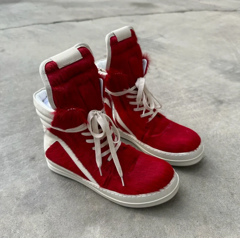 Ro Casual Shoes Men High Top Shoe Black Horse Hair Women Sneaker Black Horsehair Ankle Boot White Leather Boots Flat Sneakers