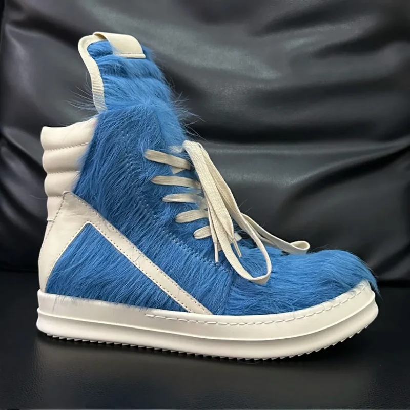 Ro Casual Shoes Men High Top Shoe Black Horse Hair Women Sneaker Black Horsehair Ankle Boot White Leather Boots Flat Sneakers