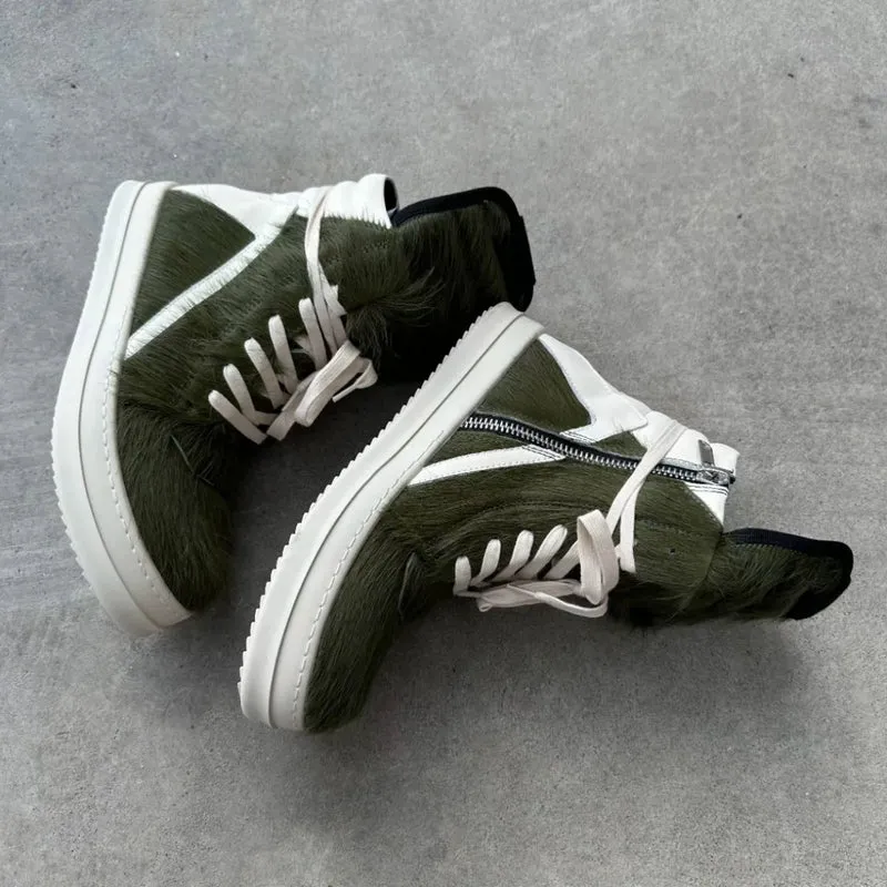 Ro Casual Shoes Men High Top Shoe Black Horse Hair Women Sneaker Black Horsehair Ankle Boot White Leather Boots Flat Sneakers