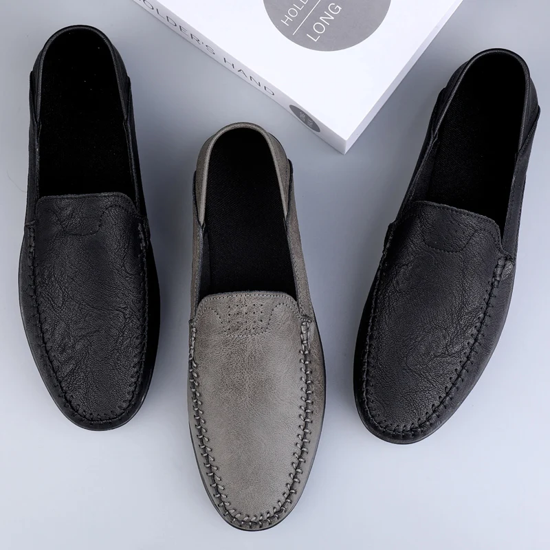 Fashion Men Casual Leather Shoes Luxury Italian Soft Men Loafers Handmade Moccasins Men Breathable Slip on Boat Shoes Plus Size