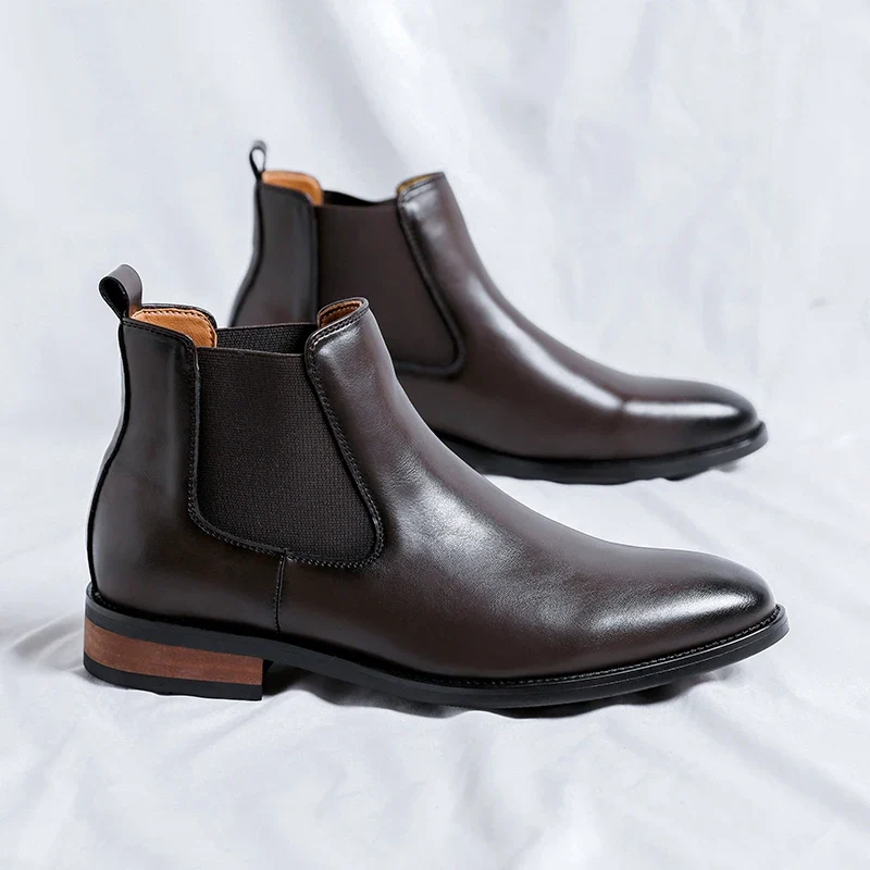 Genuine Leather Classic Men High Top Chelsea Ankle Boots High Quality Mens Casual Dress Business Shoes Comfy OutdoorBasic Boots