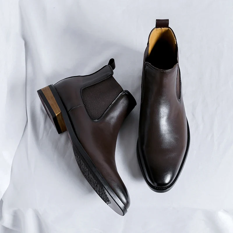 Genuine Leather Classic Men High Top Chelsea Ankle Boots High Quality Mens Casual Dress Business Shoes Comfy OutdoorBasic Boots